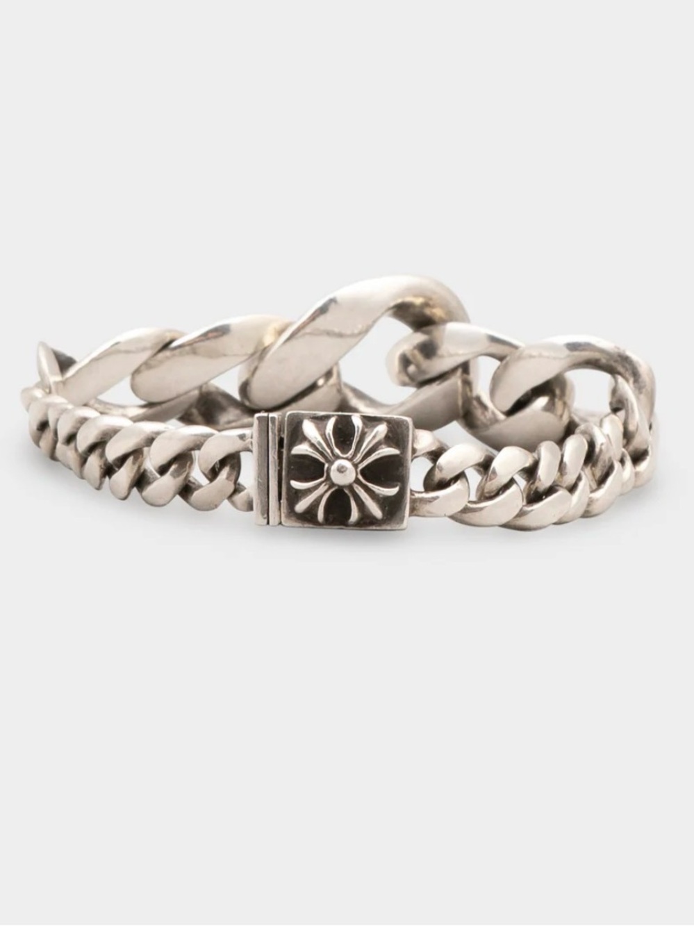 Chrome Hearts Polished Silver Curb Bracelet with Floral Box Clasp